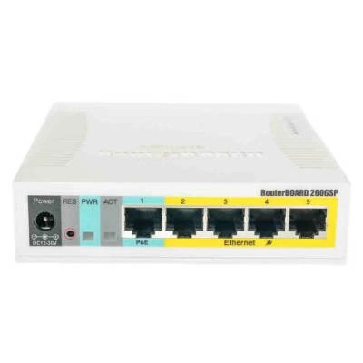 Kapcsoló Mikrotik CSS106-1G-4P-1S 5x 10/100/1000  PoE output RB260GSP only: Passive PoE output on ports 2-5. Max current 1A per port, DC jack input Voltage: 10-57 V