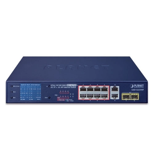 Kapcsoló Planet GSD-1222VHP 8x 1Gb 2x SFP 120 W PoE+