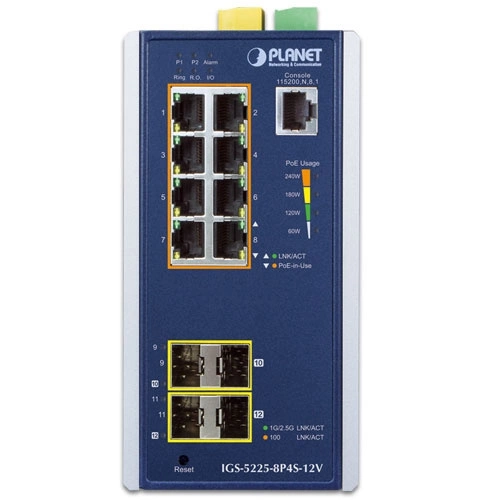 Kapcsoló Planet IGS-5225-8P4S-12V 8x 1Gb 4x SFP 240 W PoE+