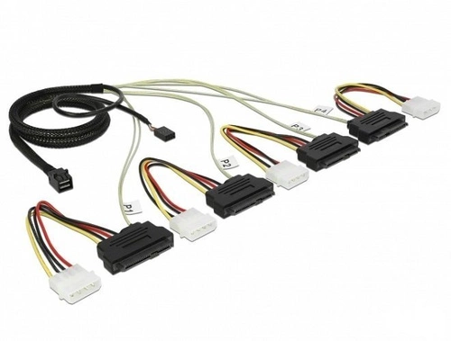 Delock Kábel (83391) Mini SAS HD SFF-8643 | 4 x SAS SFF-8482 + táp + oldalsáv, 1m.| 83391